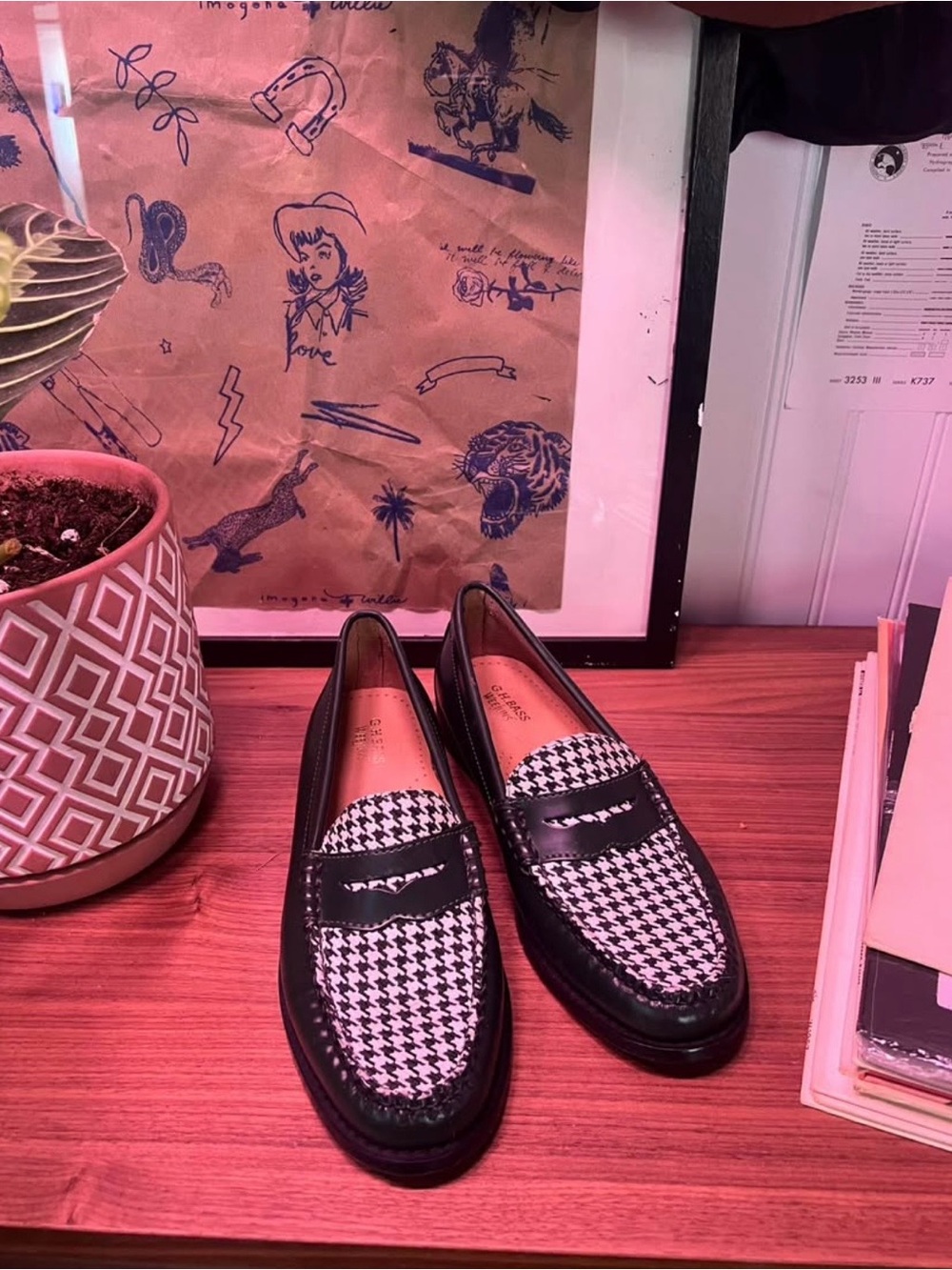 G.H. Bass & Co. Houndstooth Weejuns Penny Loafers in Black and White
